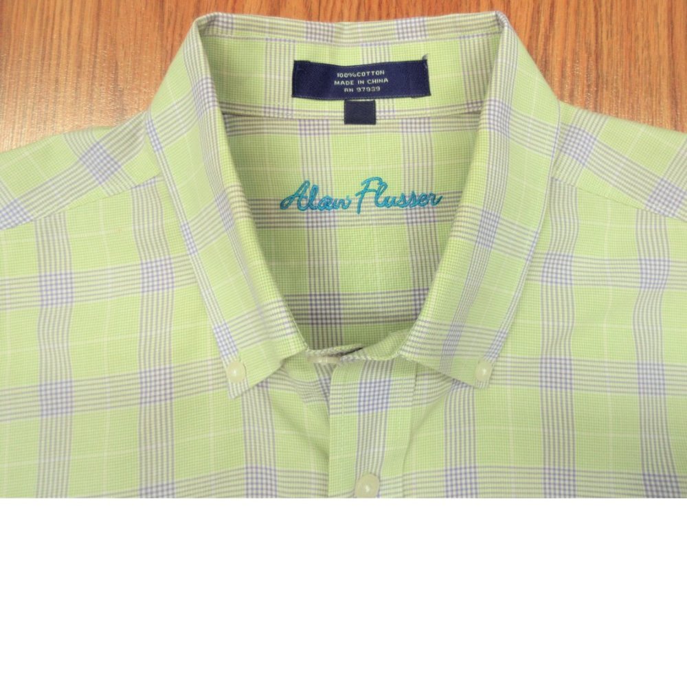 ALAN FLUSSER REGULAR FIT 100% COTTON SHIRT GREEN & LAVENDER Sz LARGE, L
